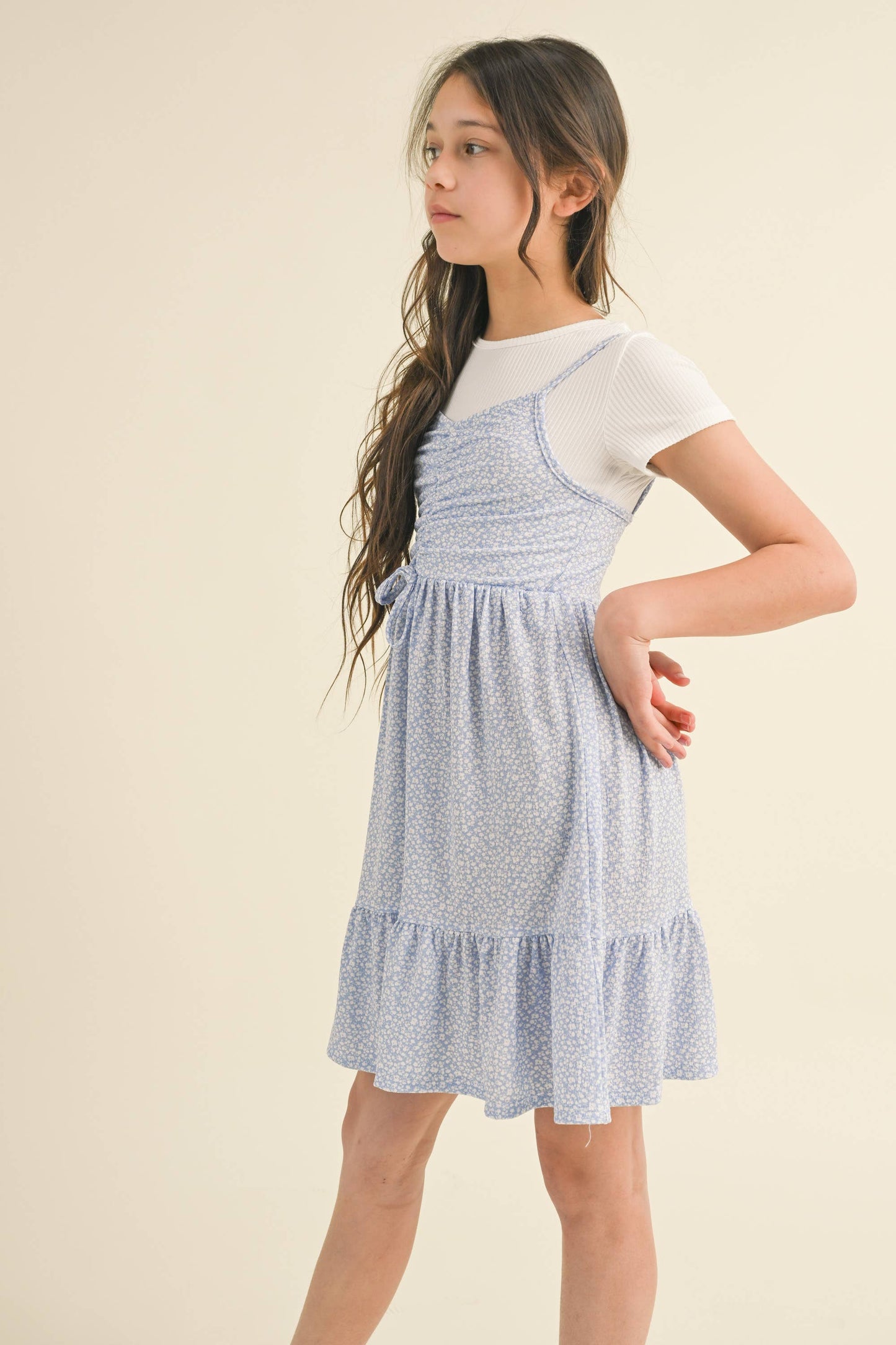 GIRLS FAUX 2FER CINCHED FLOUNCE DRESS