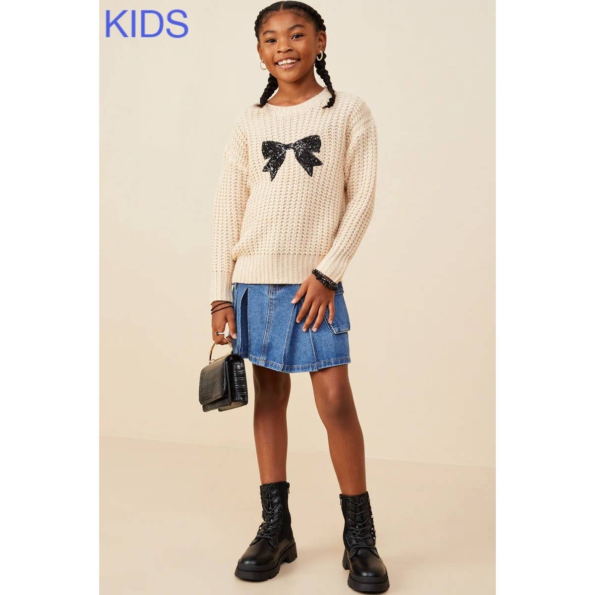 Girls Low Gauge Sweater with Sequin Bow Patch