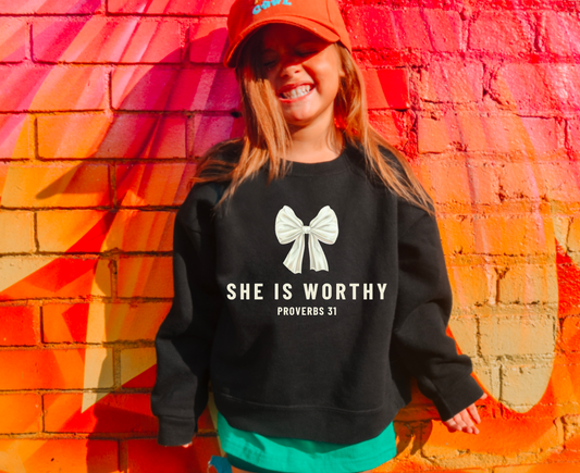 YOUTH She Is Worthy Coquette Bow Sweatshirt