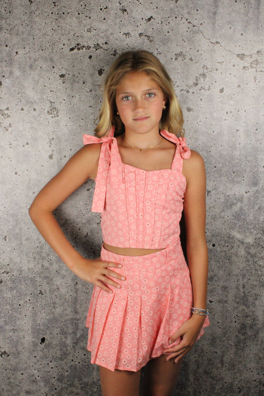 Pink Eyelet Pleated Skirt