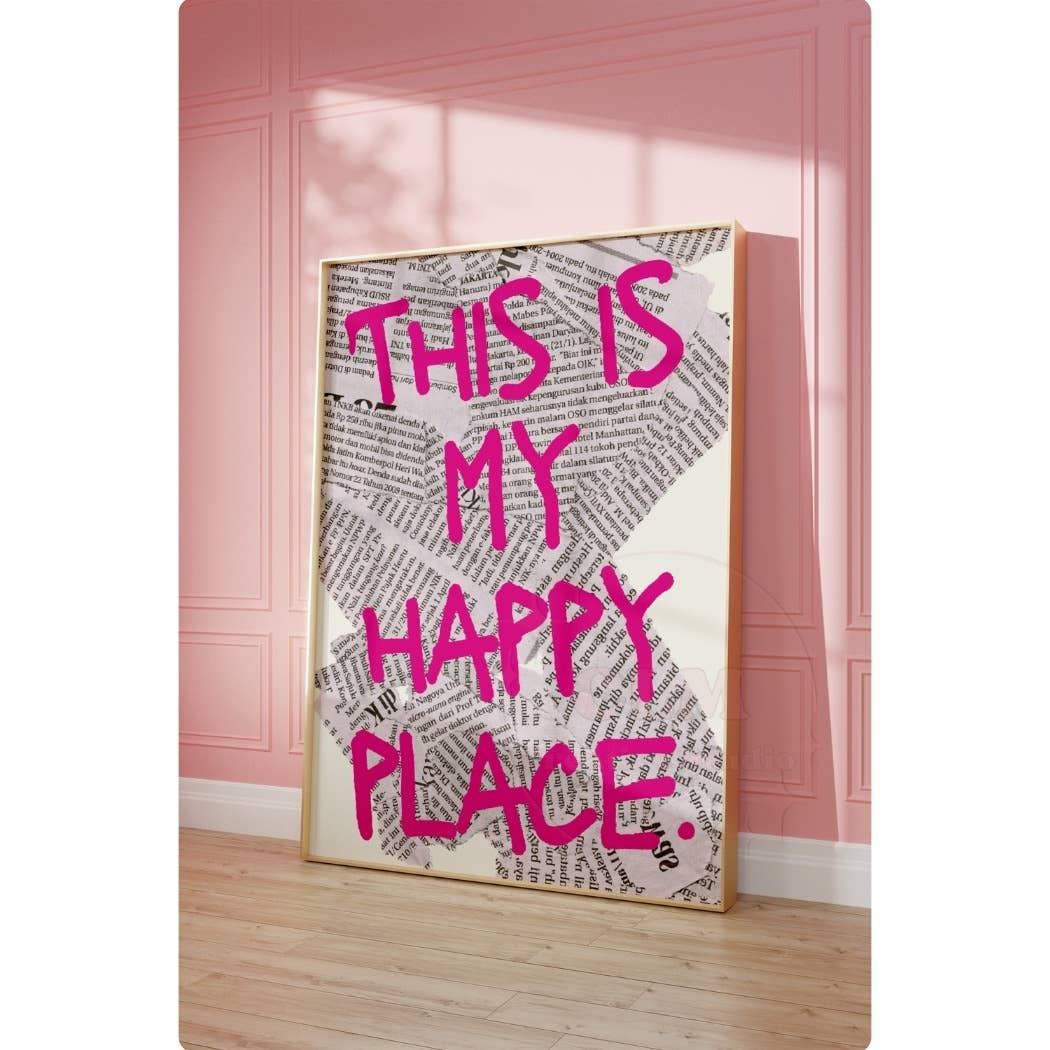 This Is My Happy Place Pink Retro Newspaper Wall Art Prints