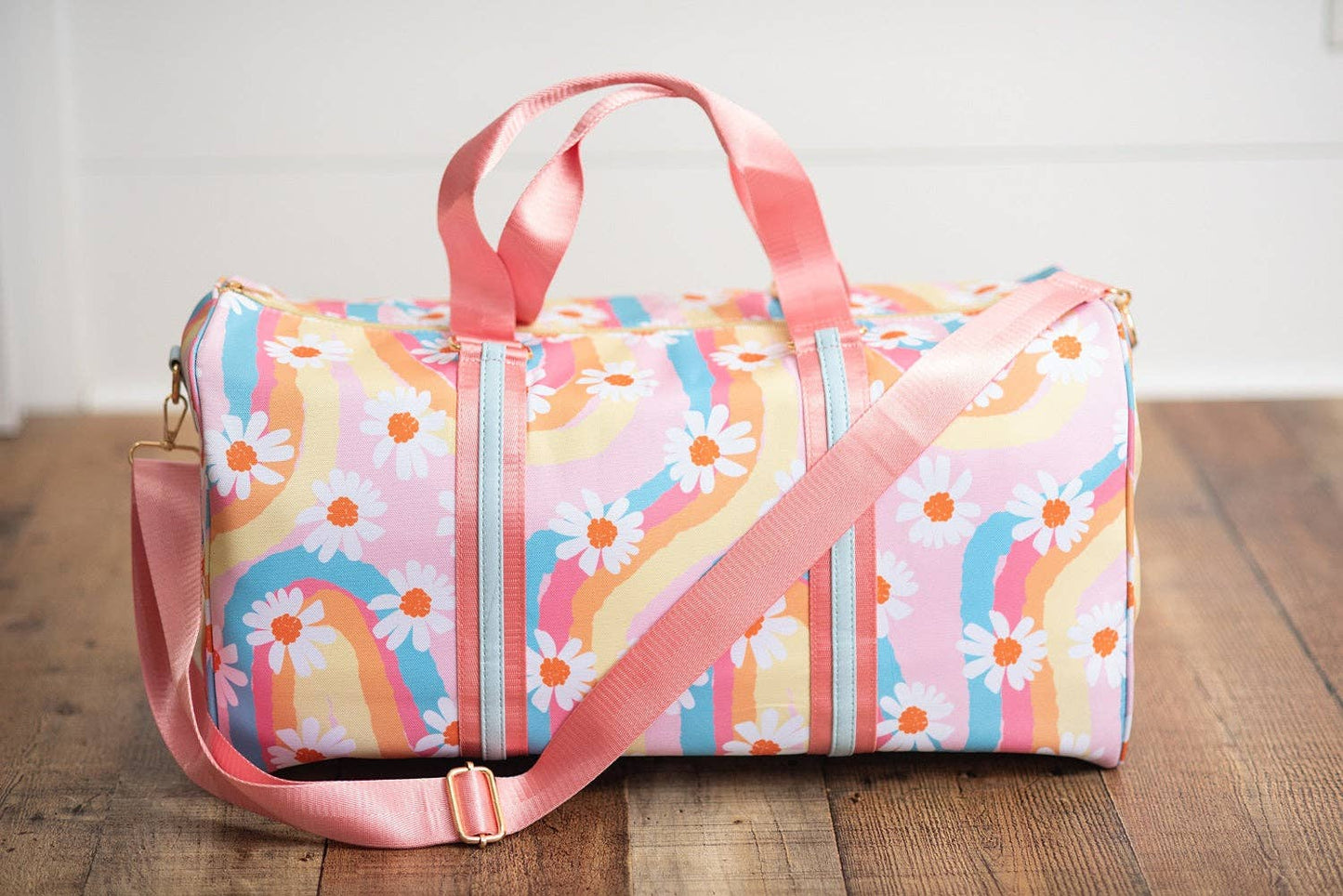 Kids Pink Rainbow Retro Daisy Weekender Dance Travel Bag