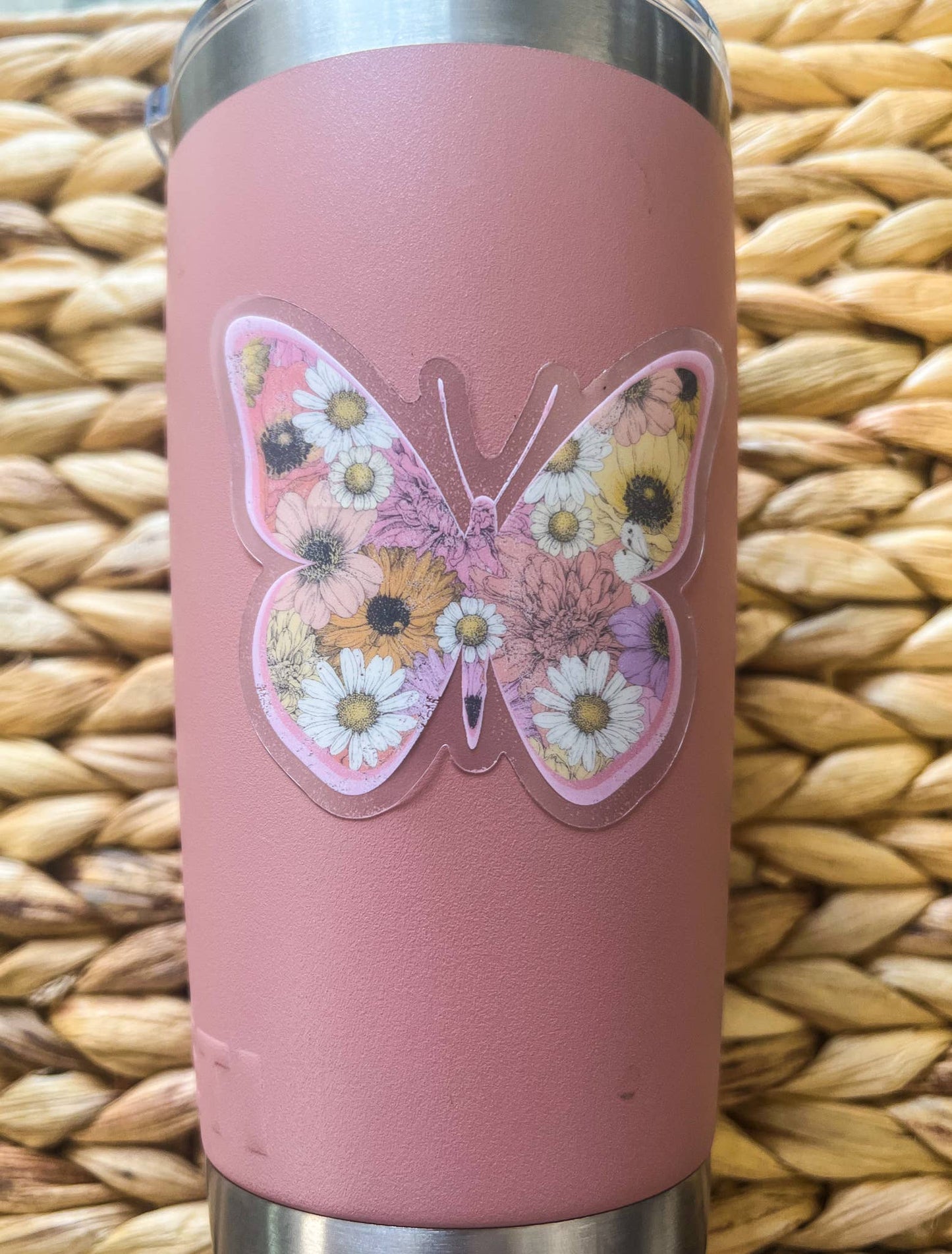 Pink Floral Butterfly Spring, Clear Vinyl , Sticker, 3 in.