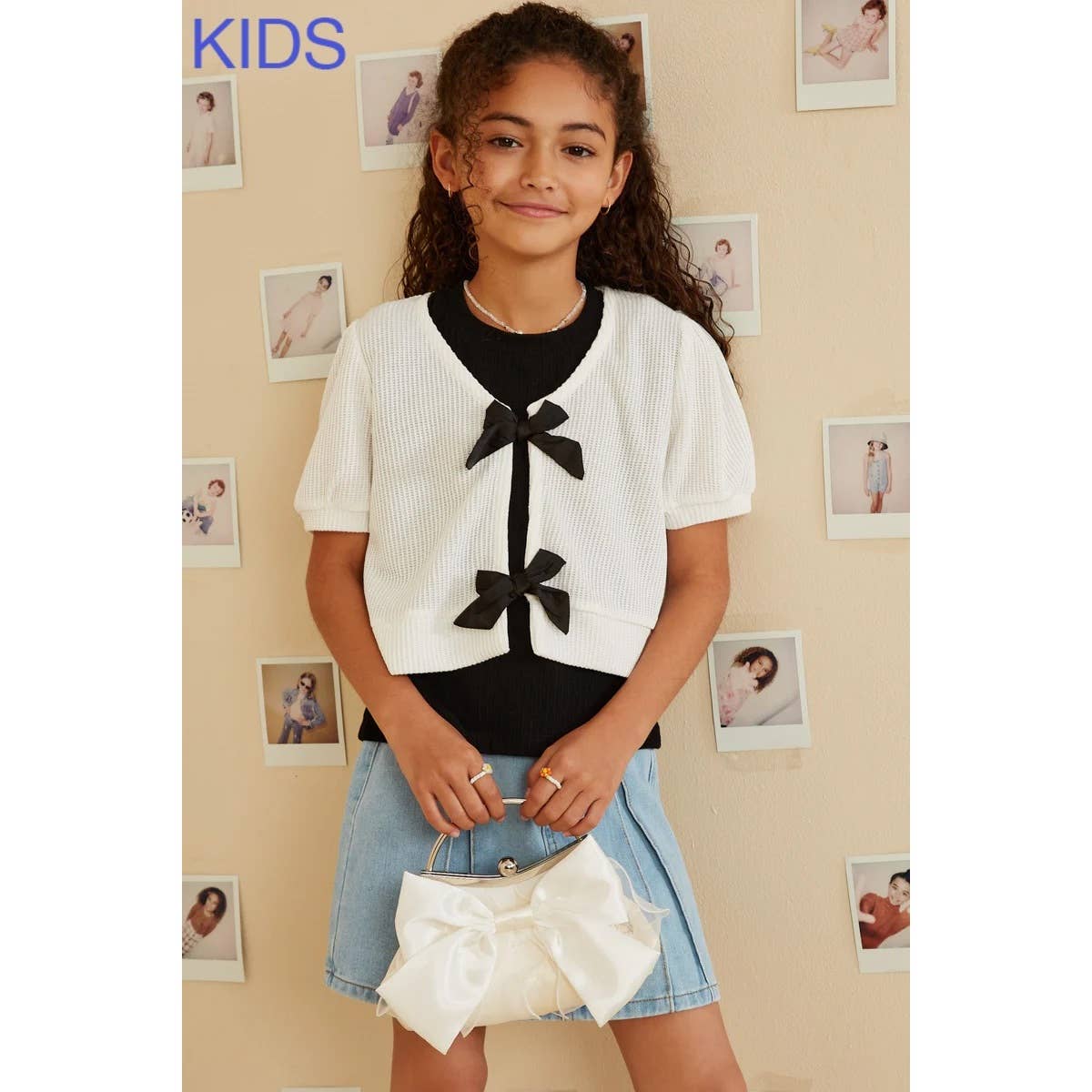 Girls Ribbed Knit Bow Detail Short Sleeve Open Top