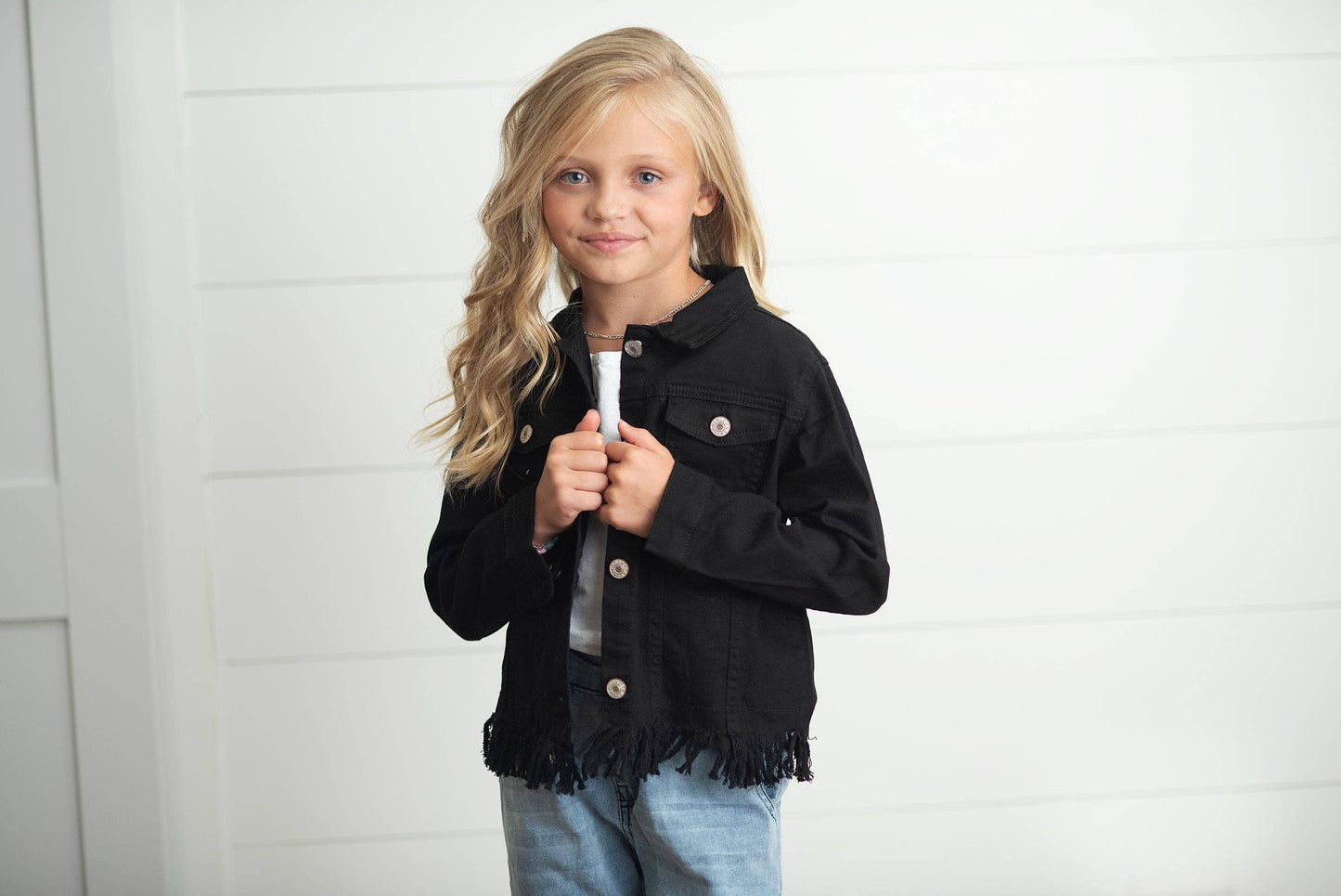 Kids Black Denim Fringe Fall Winter Button Jacket