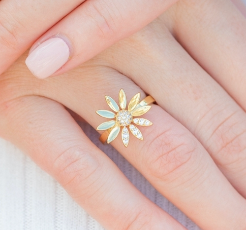 Flower With CZ Accent Adjustable Ring