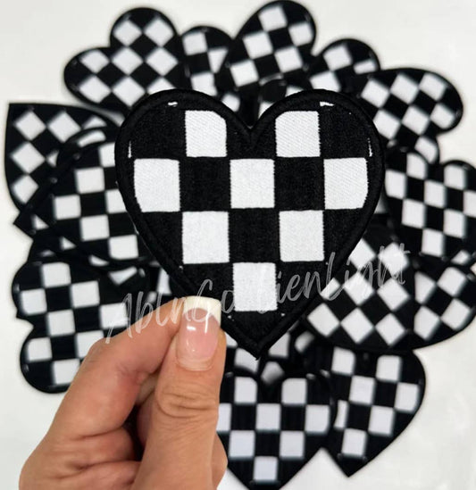 Black checkered heart patch iron on trucker hat patches 3”