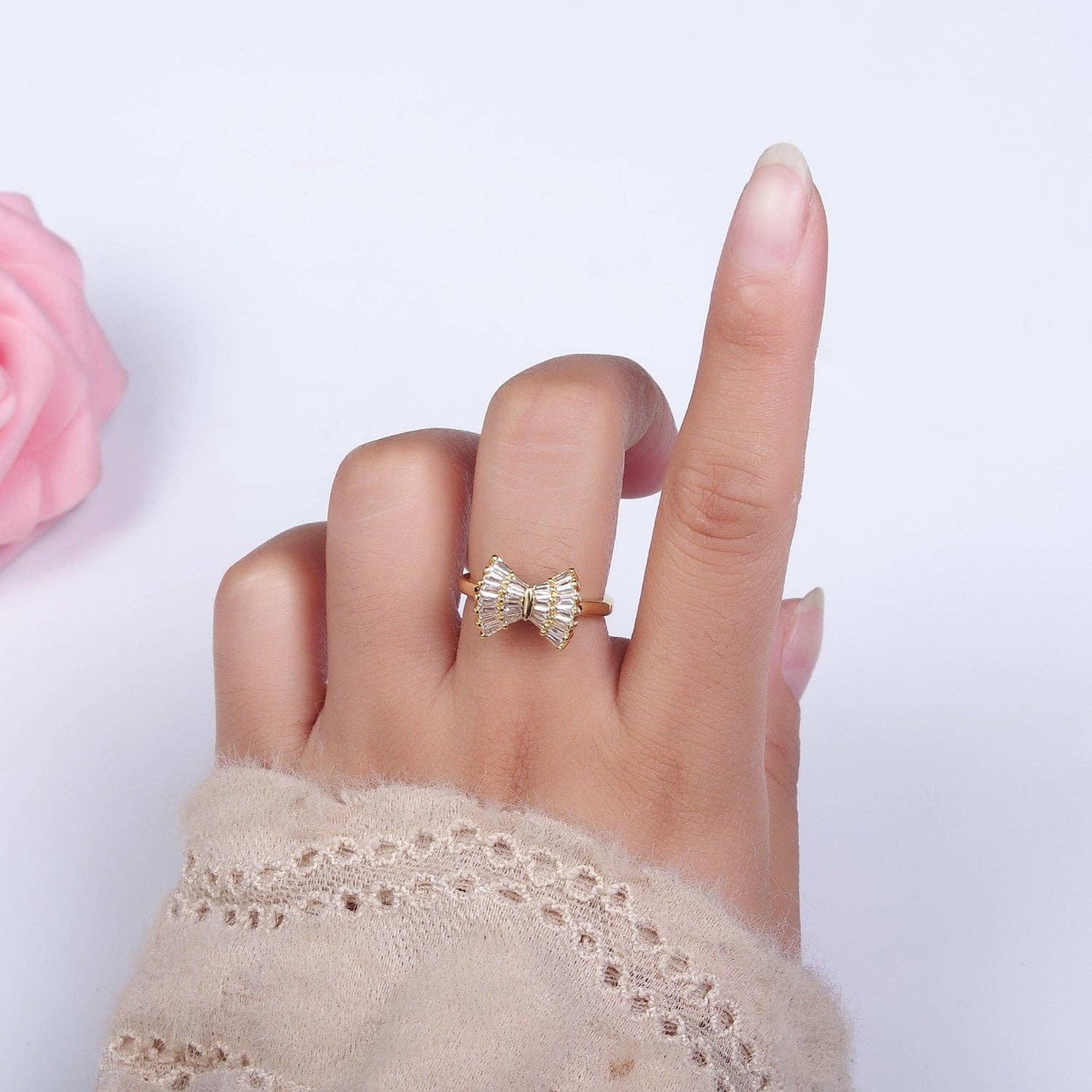 Baguette Bow Ribbon Ring