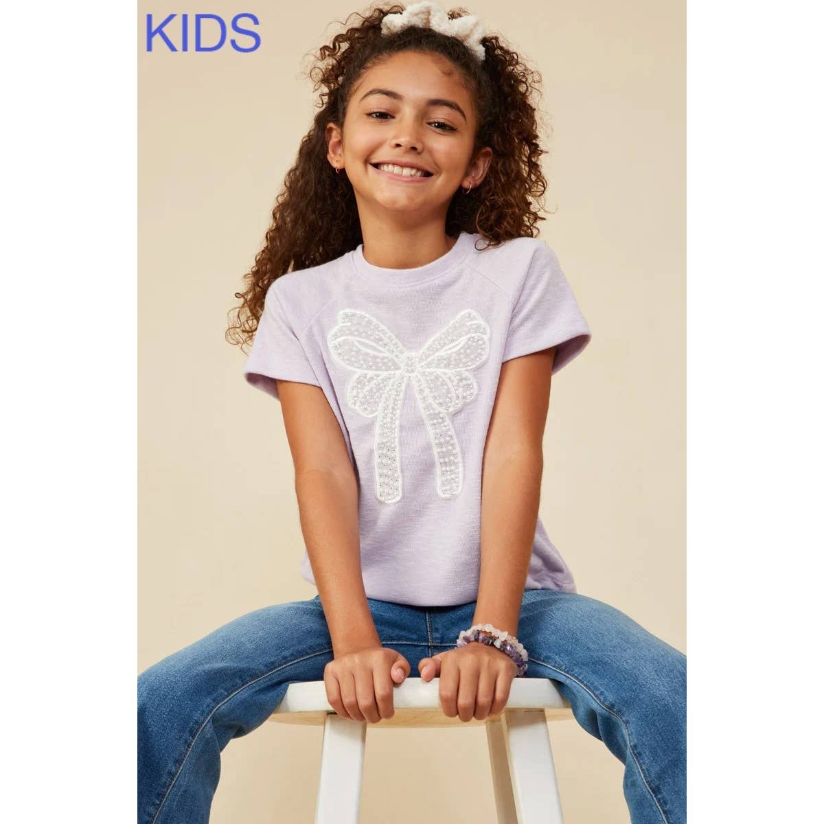 Girls Pearl Ribbon Patch Knit T Shirt