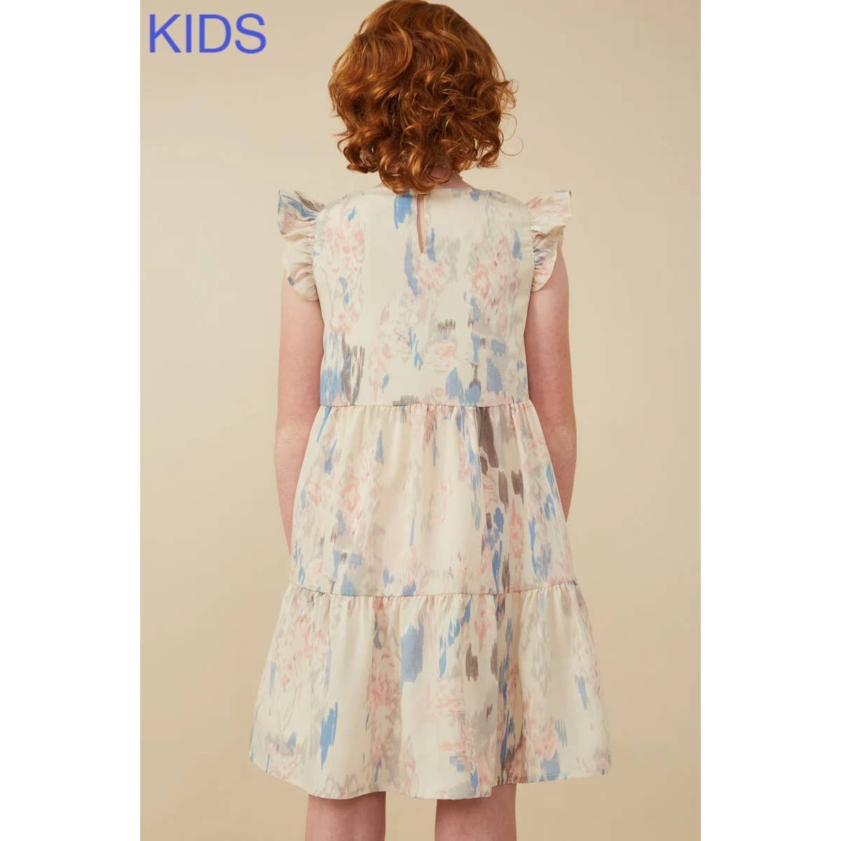 Girls Watercolor V Neck Tiered Ruffled Dress