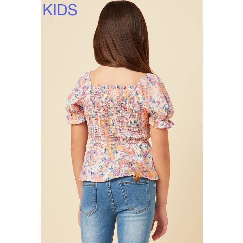 Girls Floral Puff Sleeve Smocked Top