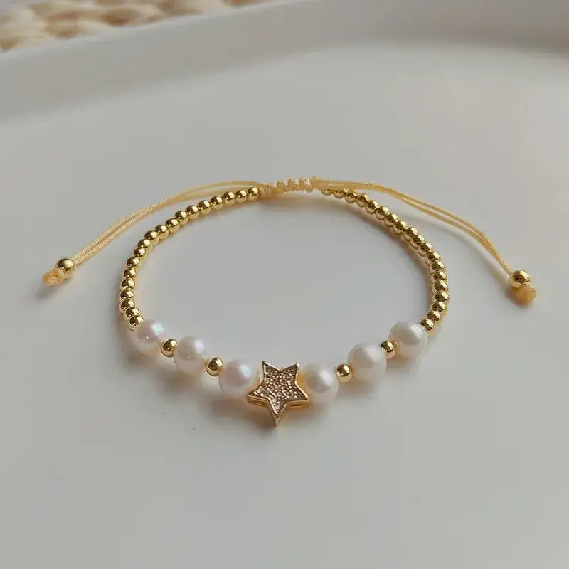 Pearl Beaded Adjustable Bracelet - Heart, Moon, Star