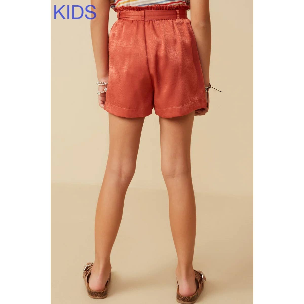 Girls Textured Satin Belted Shorts