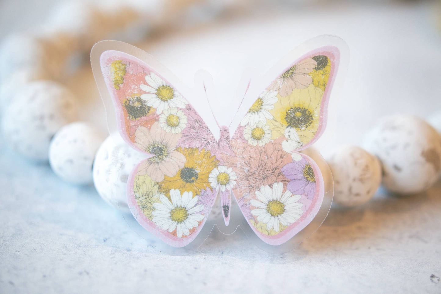 Pink Floral Butterfly Spring, Clear Vinyl , Sticker, 3 in.
