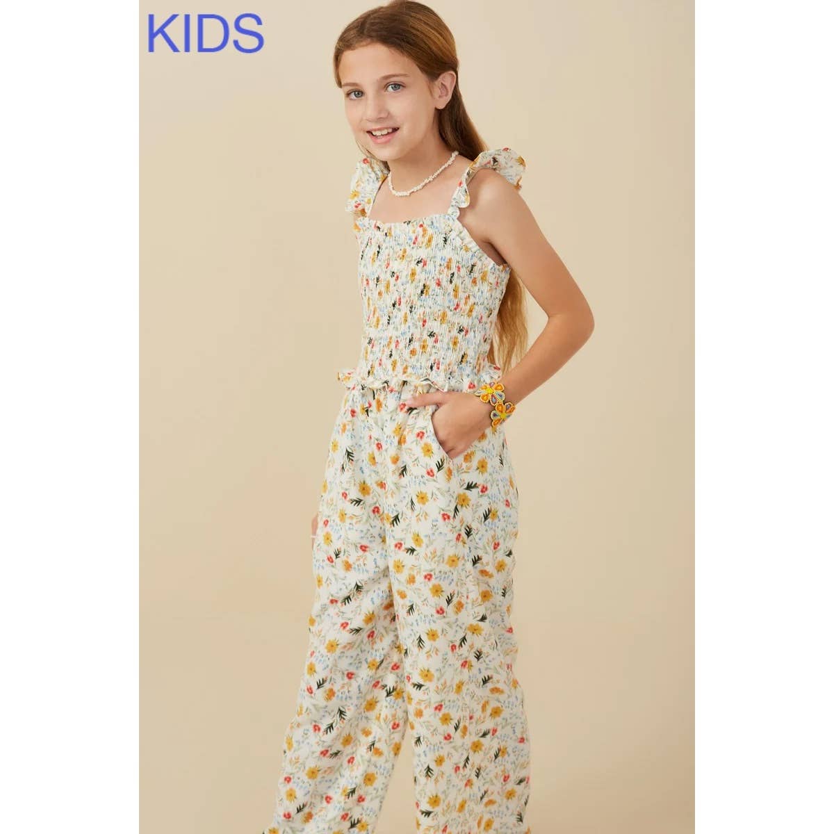 Girls Ditsy Floral Smocked Ruffle Detail Jumpsuit