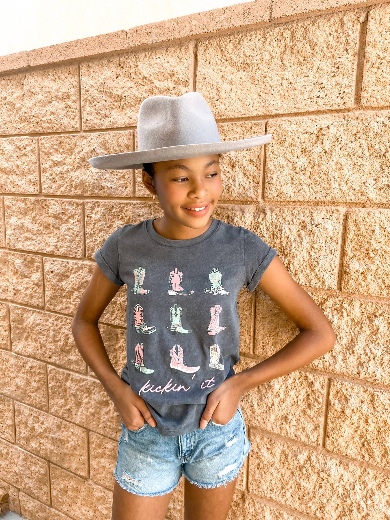 Kickin It cowboy boot tween embroidery  tee