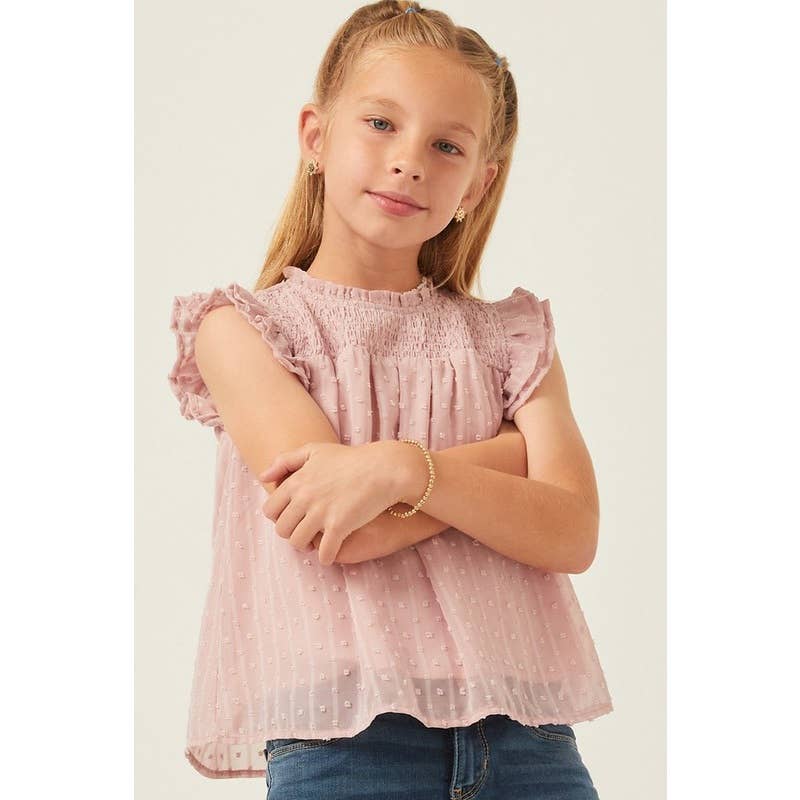 Girls Ruffled Sleeve Smocked Swiss Dot Tank