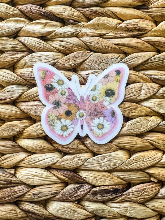 Pink Floral Butterfly Spring, Clear Vinyl , Sticker, 3 in.