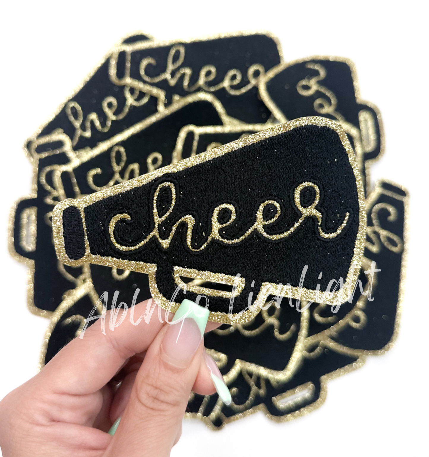 Black glitter cheer megaphone trucker hat patch iron on