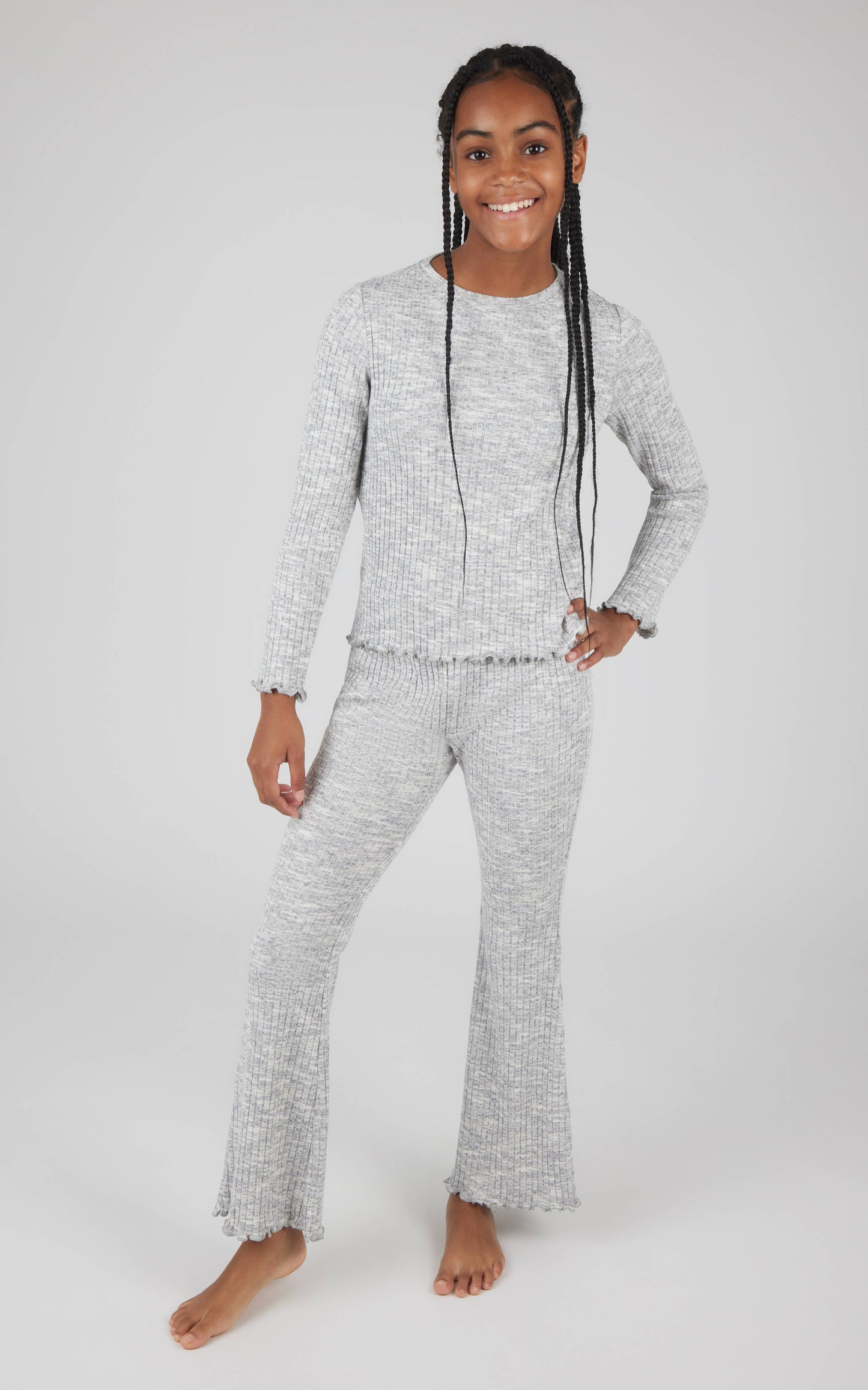 Girls Rib Knit Lettuce Edge Top and Flare Pant - Set