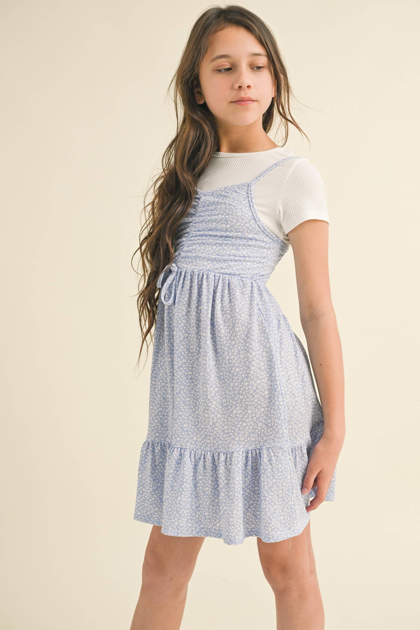 GIRLS FAUX 2FER CINCHED FLOUNCE DRESS