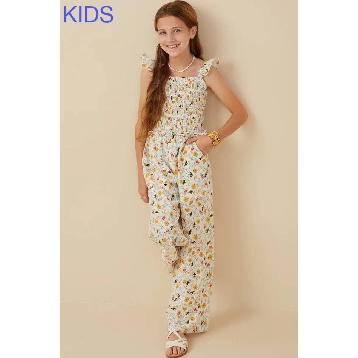 Girls Ditsy Floral Smocked Ruffle Detail Jumpsuit