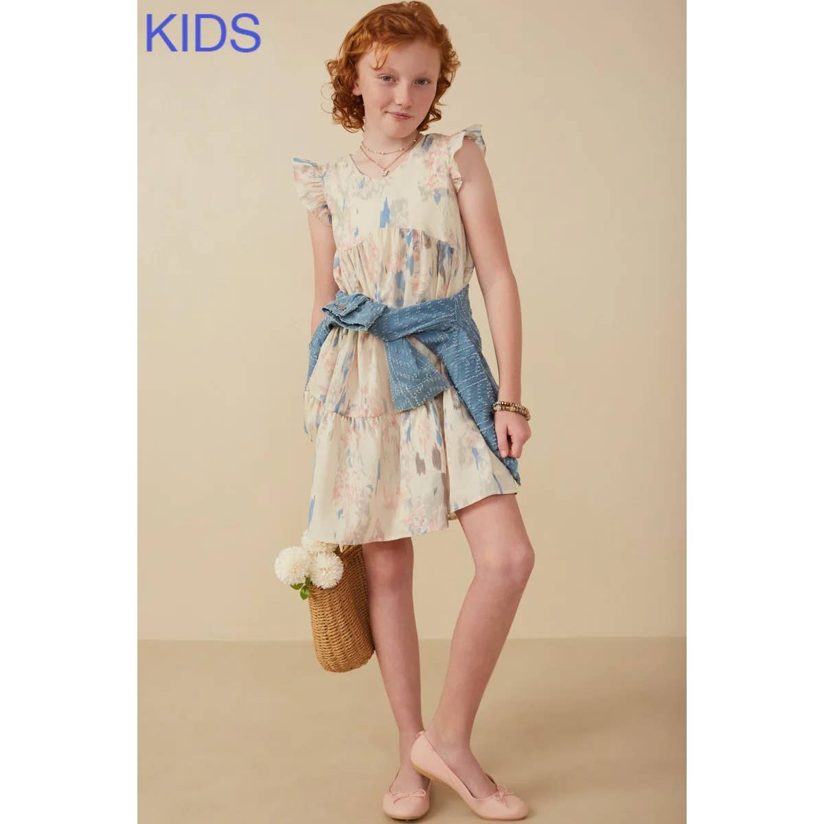 Girls Watercolor V Neck Tiered Ruffled Dress