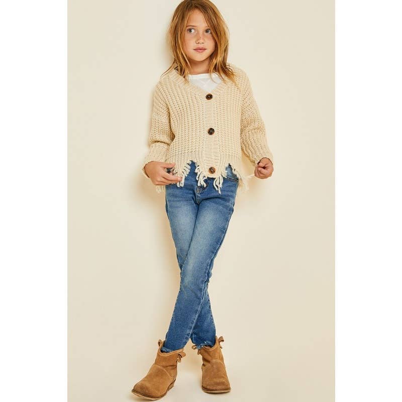 Kids Distressed Hem Button-Down Cropped Cardigan