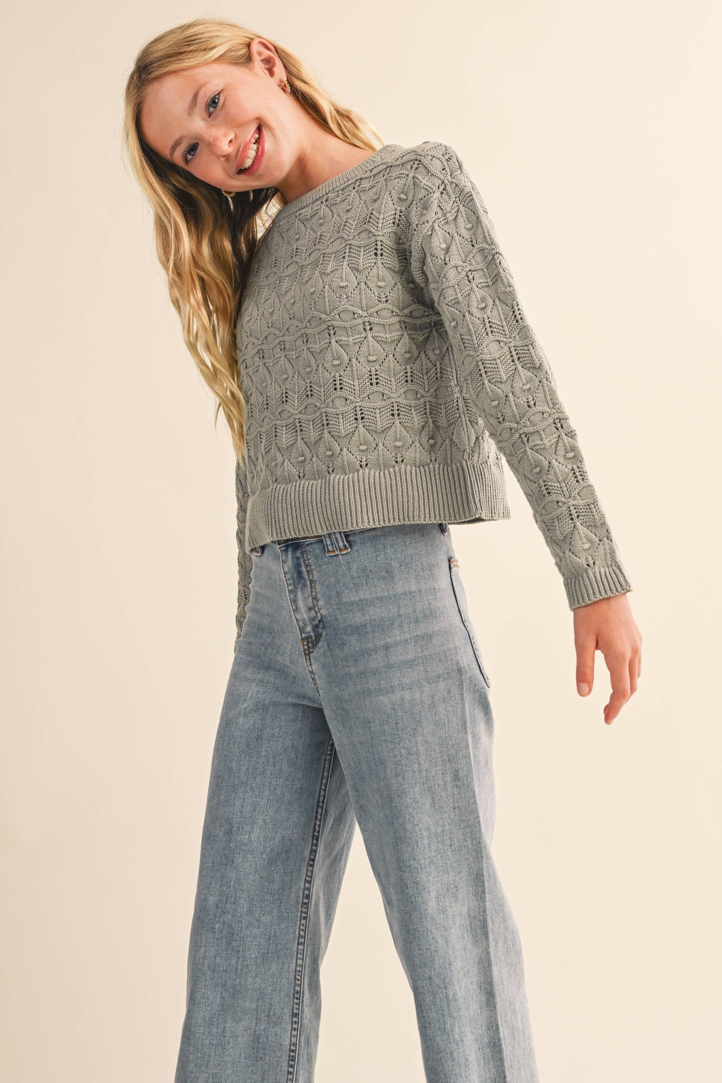 CREW NECK WAVY POINTELLE L/S SWEATER