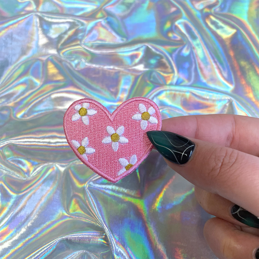 Pink Heart with Daisies Iron On Patch