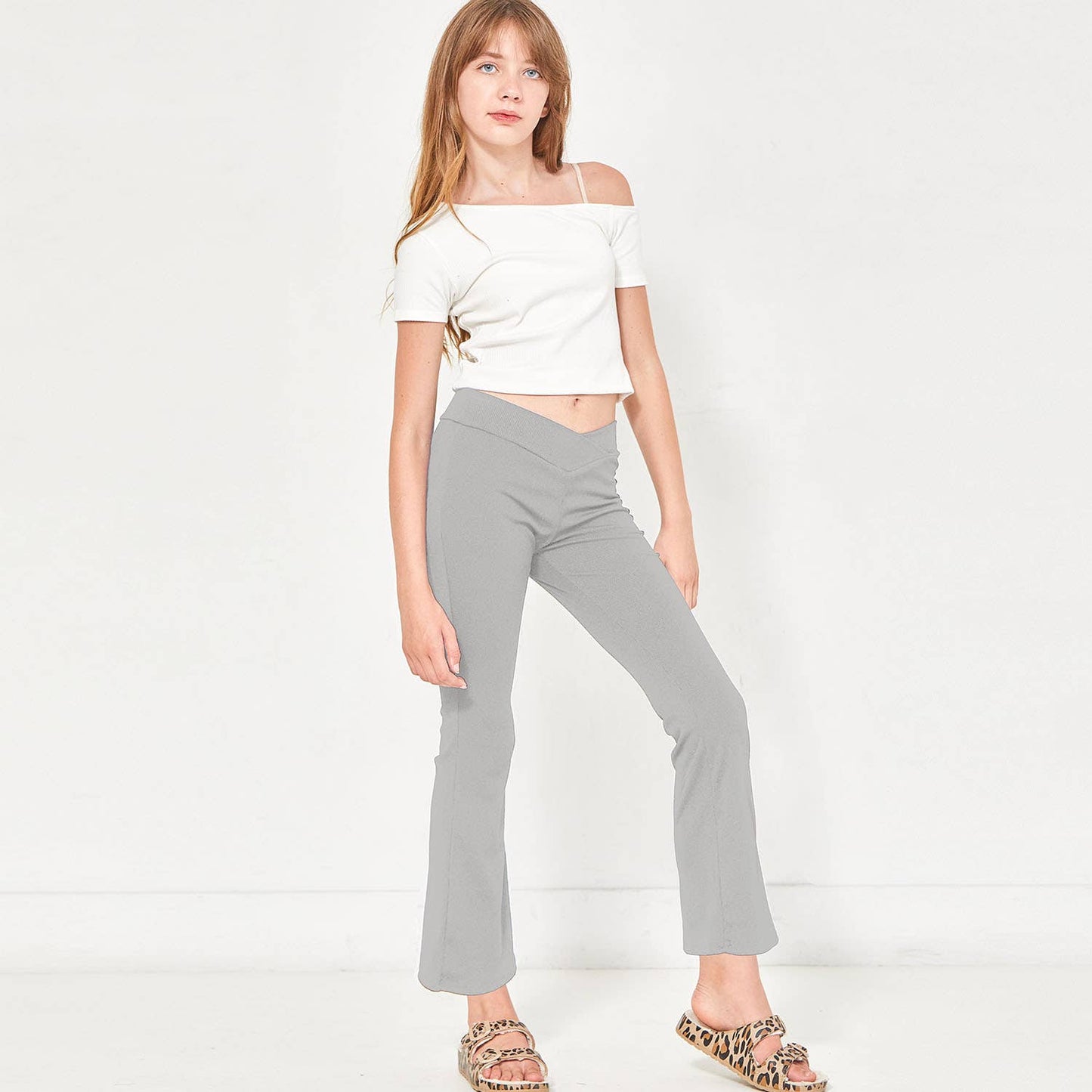 Crossover Waist Ribbed Flare Pants