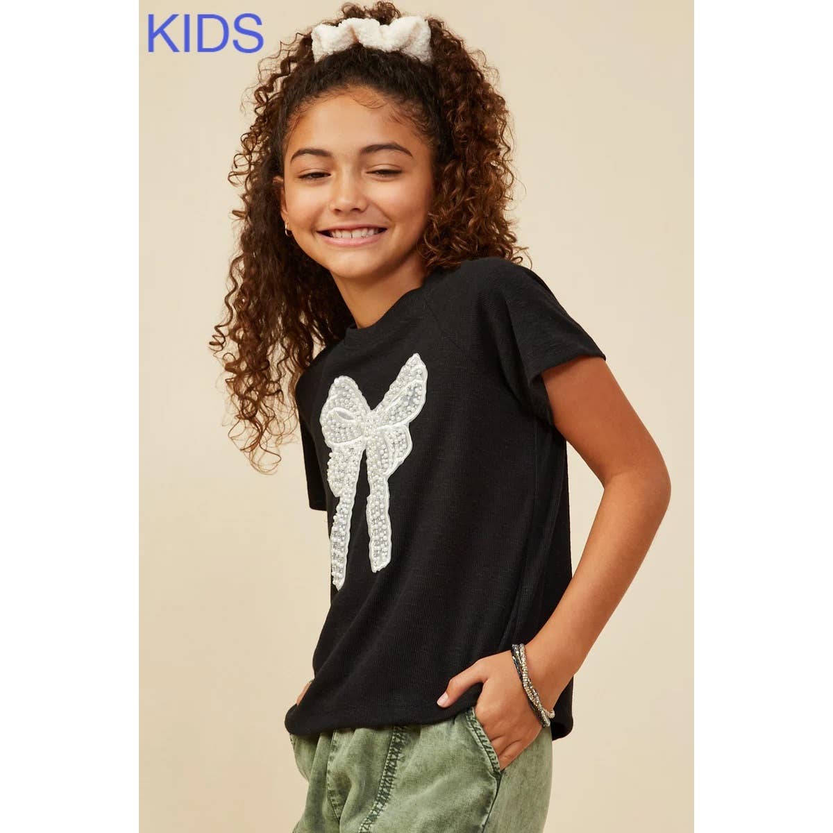 Girls Pearl Ribbon Patch Knit T Shirt