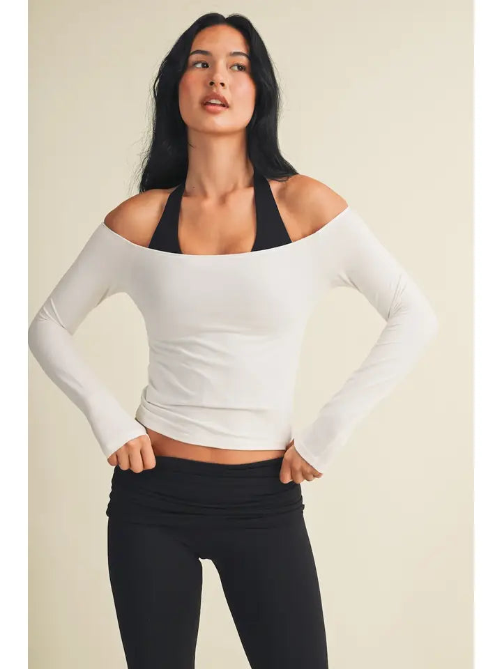 Knit off shoulder long sleeve top
