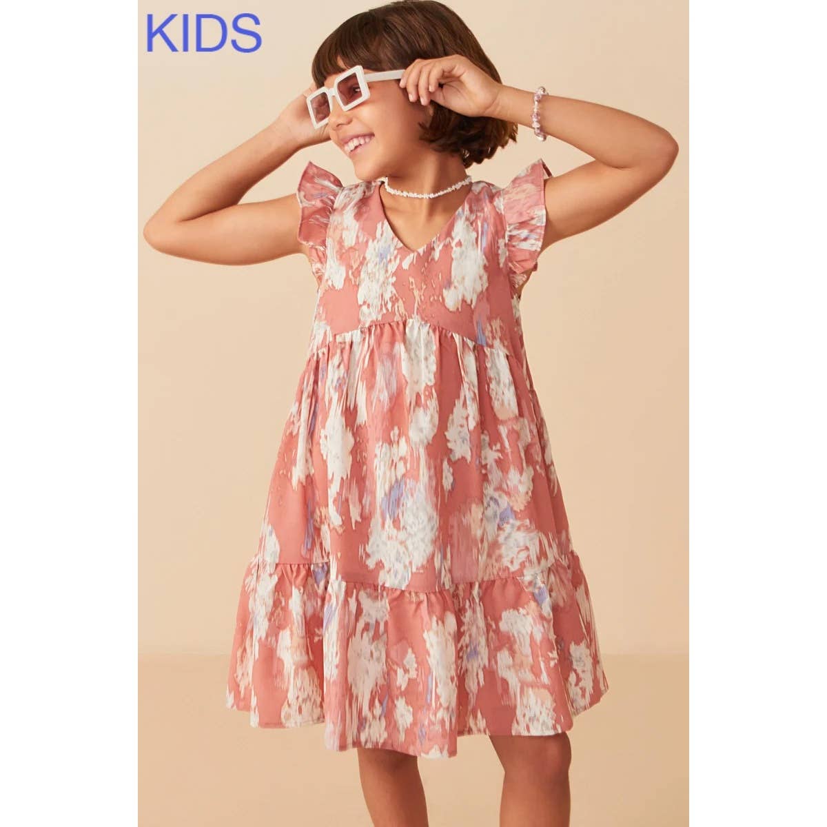 Girls Watercolor V Neck Tiered Ruffled Dress