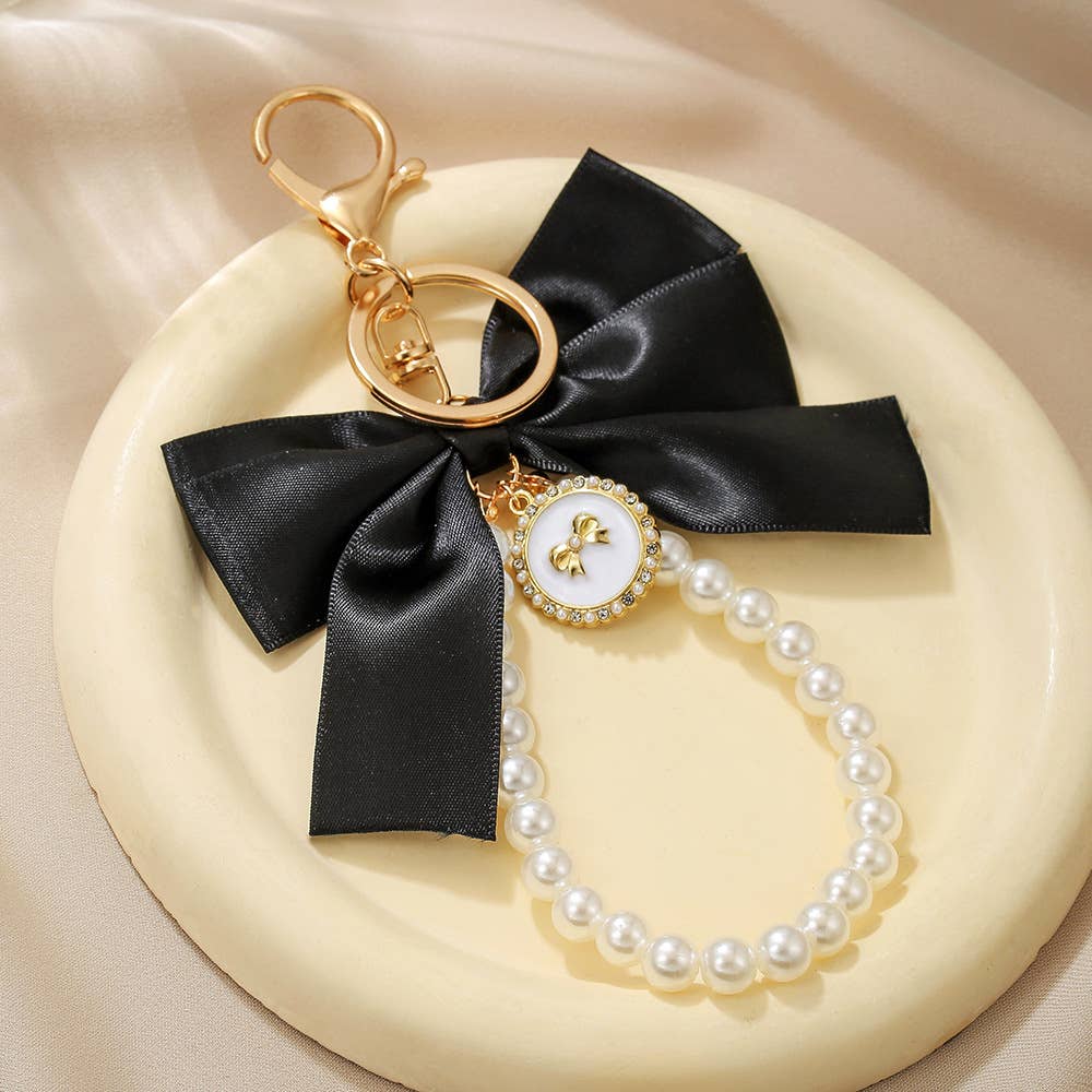 Elegant Satin Bow Pearl Keychain