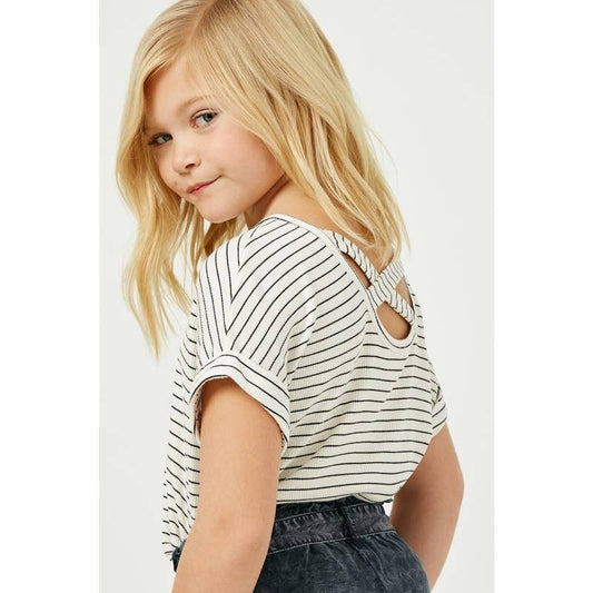 Girls Ribbed Stripe Crossback Knit Tee