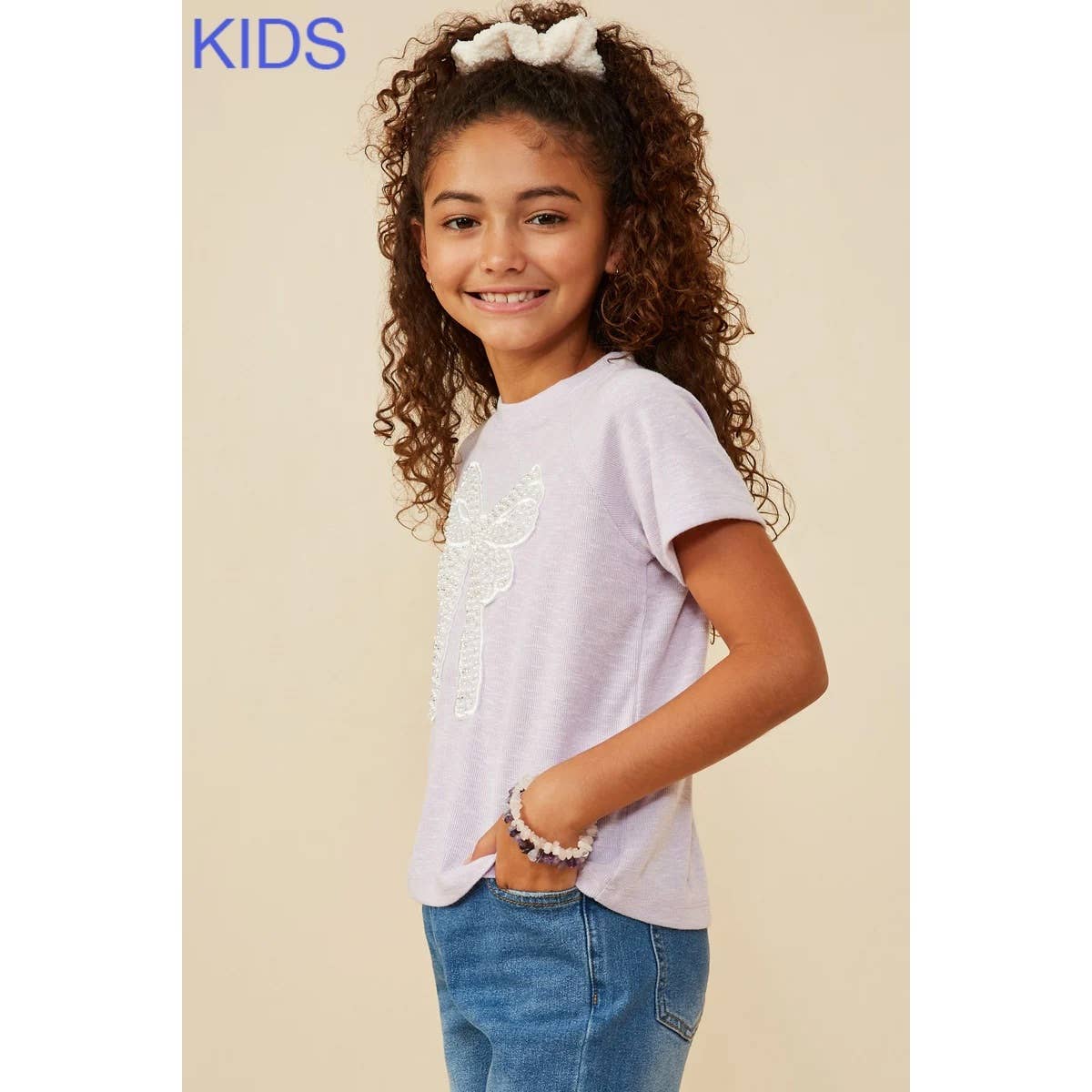 Girls Pearl Ribbon Patch Knit T Shirt