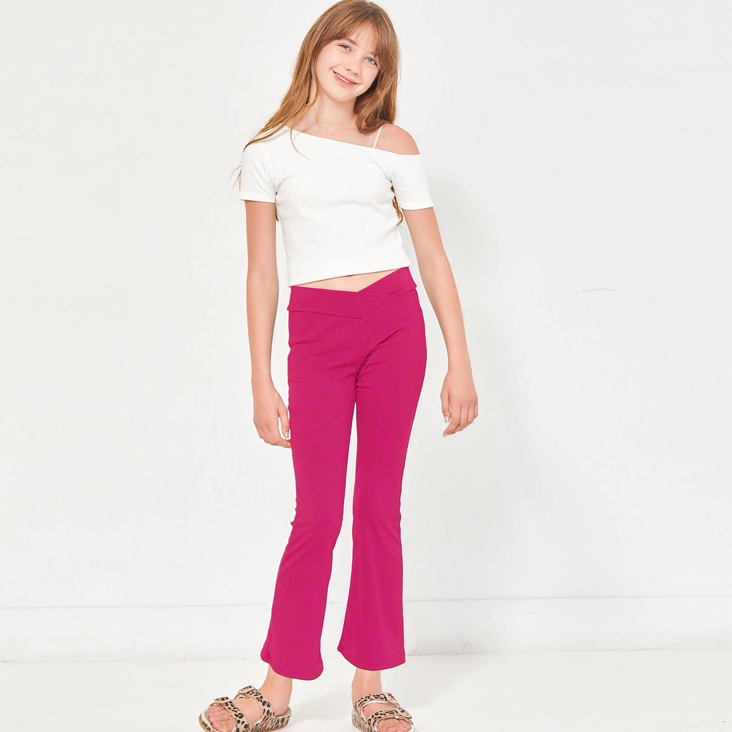 Crossover Waist Ribbed Flare Pants