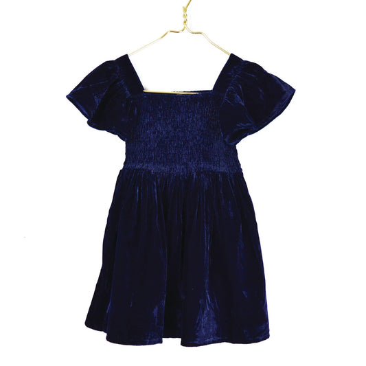 Girl's Navy Velvet Smocked Dress