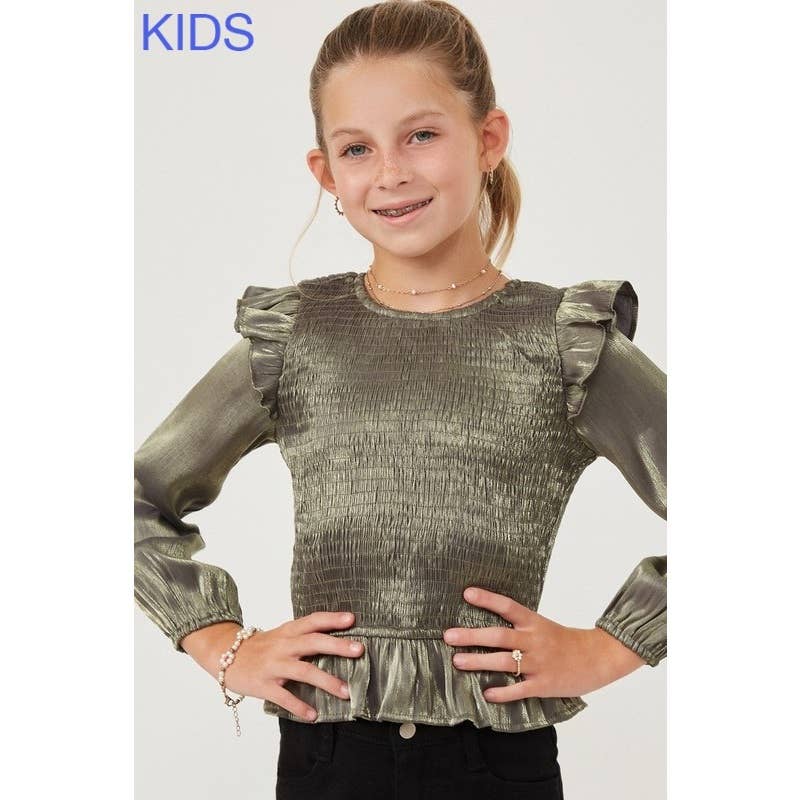 Girls Crushed Satin Smocked Ruffled Shoulder Top