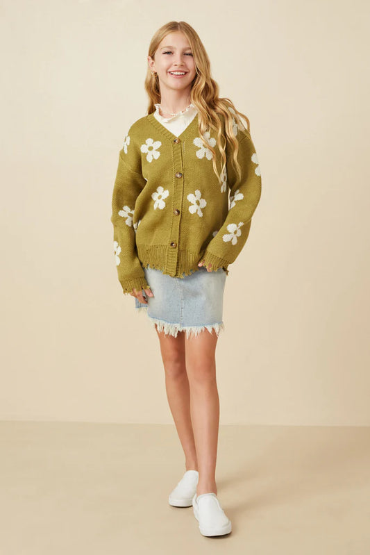 Girls Distressed Floral Patterned Cardigan